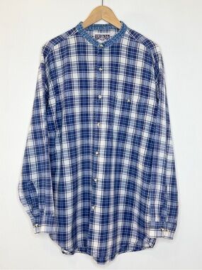 Vintage Nevada Denim Band Collar Plaid Long Sleeve Buttonup Shirt Mens Large